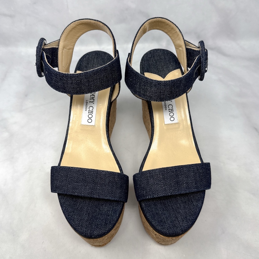 Jimmy Choo Abigail Denim Chambray Chunky Platform Cork Wedge Sandal Heels 39 - Picture 6 of 15